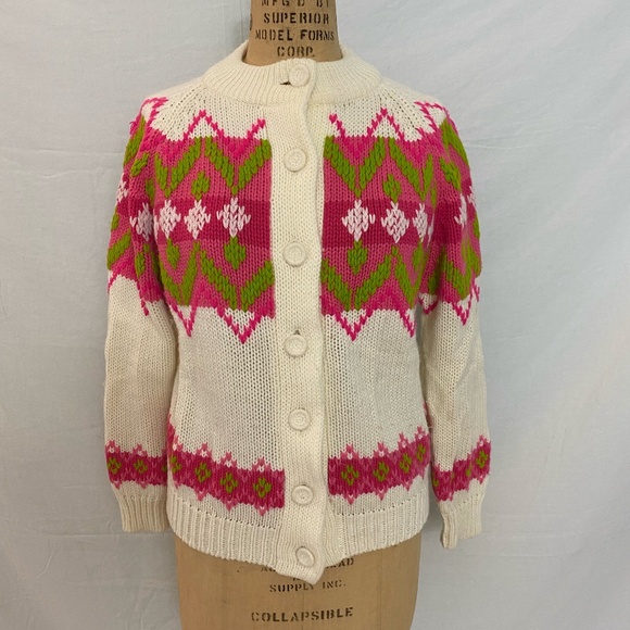 Vintage Cream cardigan sweater with bright pink and green pattern. Size Small. - Picture 2 of 13